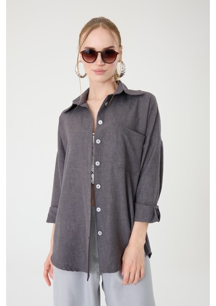 Tek Cepli Oversize Keten Gömlek- Antrasit modelleri