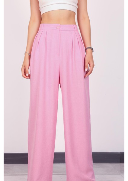 Kadın Pembe Keten Pile Detaylı Palazzo Pantolon