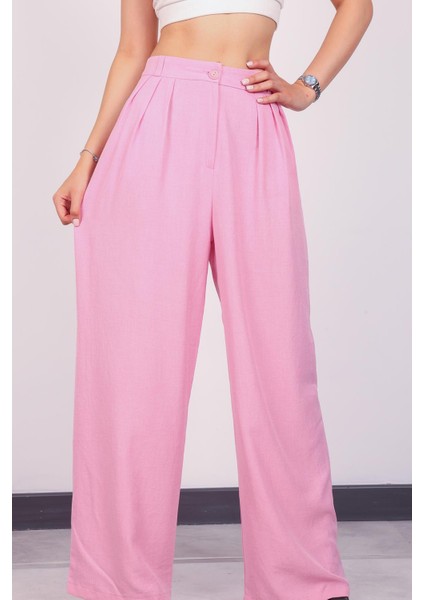 Kadın Pembe Keten Pile Detaylı Palazzo Pantolon fiyatları