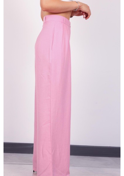 Kadın Pembe Keten Pile Detaylı Palazzo Pantolon modelleri