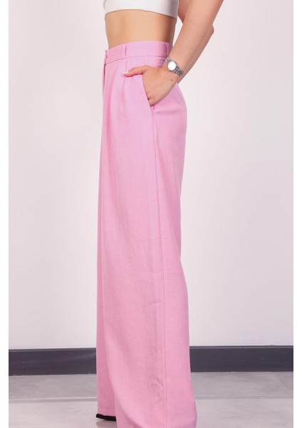 Kadın Pembe Keten Pile Detaylı Palazzo Pantolon fırsatları
