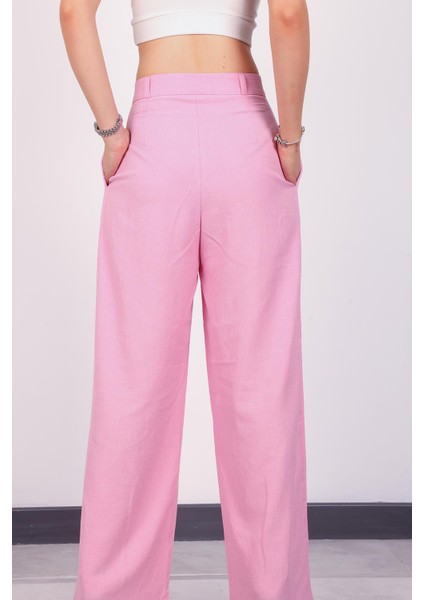 Kadın Pembe Keten Pile Detaylı Palazzo Pantolon indirimleri