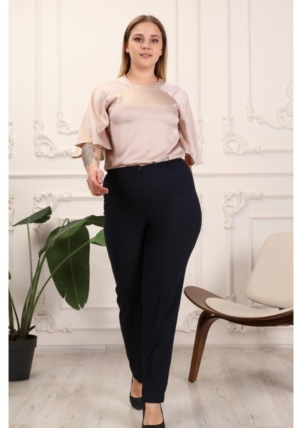 Krep Kumaş Lacivert Büyük Beden Yan Lastikli Pantolon