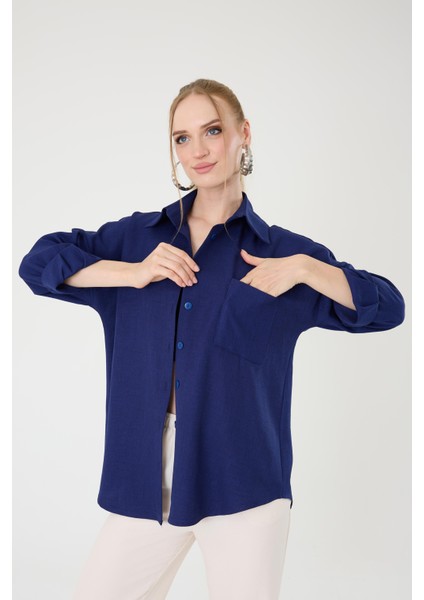 Tek Cepli Oversize Keten Gömlek- Lacivert modelleri