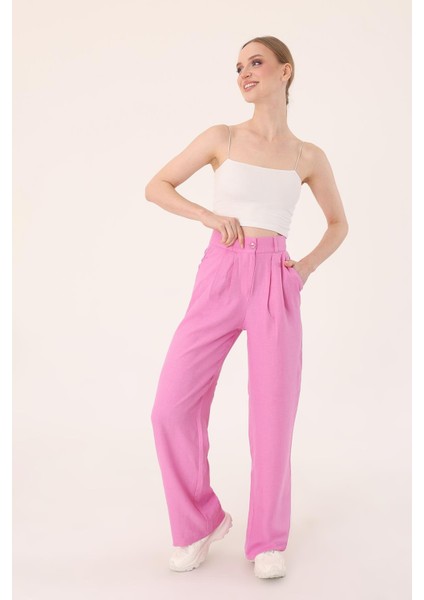 Kadın Pembe Yüksek Bel Keten Palazzo Pantolon fiyatları