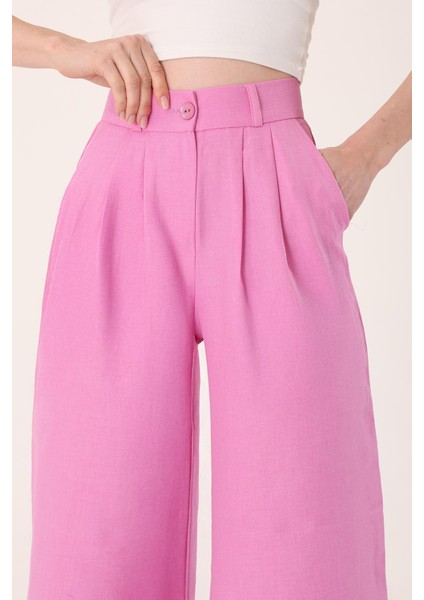 Kadın Pembe Yüksek Bel Keten Palazzo Pantolon modelleri