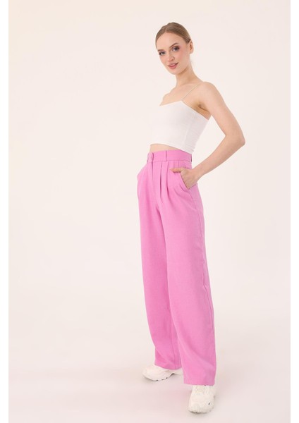 Kadın Pembe Yüksek Bel Keten Palazzo Pantolon fırsatları