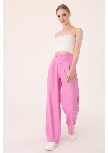 Kadın Pembe Yüksek Bel Keten Palazzo Pantolon indirimleri