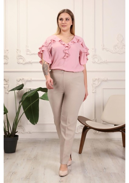 Krep Kumaş Taş Büyük Beden Yan Lastikli Pantolon