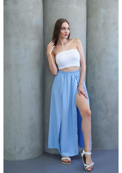 Bebe Mavi Yırtmaçlı Uzun Şort Etek