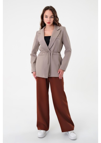 Kadın Gri Bel Bağlamalı Blazer Ceket