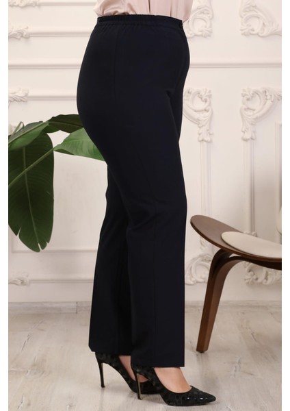 Krep Kumaş Lacivert Büyük Beden Yan Lastikli Pantolon modelleri