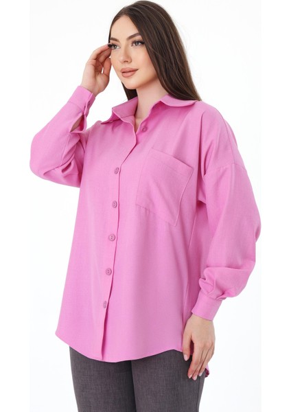 Tek Cepli Oversize Keten Gömlek- Pembe