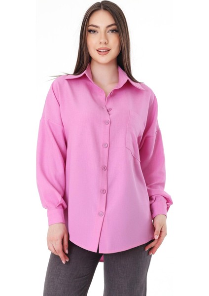 Tek Cepli Oversize Keten Gömlek- Pembe modelleri