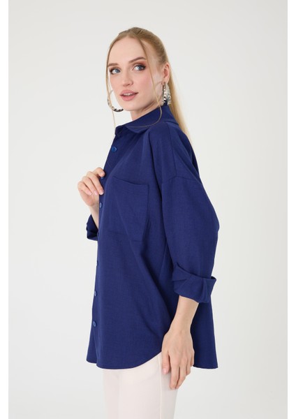 Tek Cepli Oversize Keten Gömlek- Lacivert fırsatları