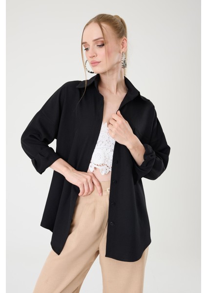 Tek Cepli Oversize Keten Gömlek- Siyah