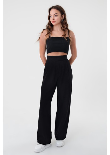 Kadın Siyah Yüksek Bel Palazzo Pantolon Klasik Stil Cırtlı Model fiyatları