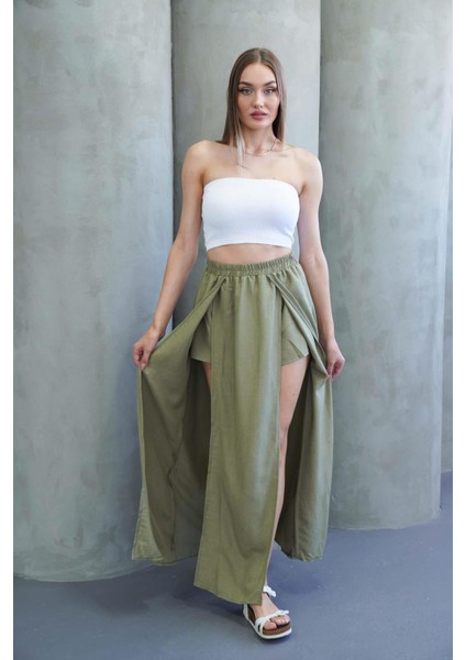 Haki Yırtmaçlı Uzun Şort Etek