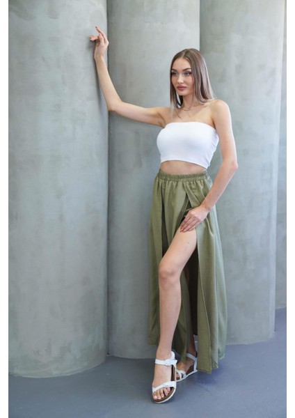 Haki Yırtmaçlı Uzun Şort Etek modelleri