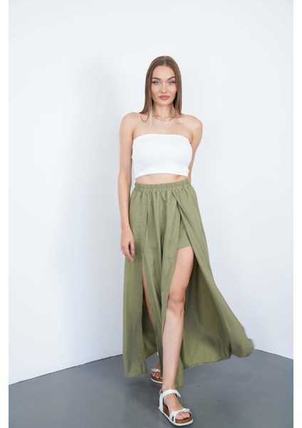 Haki Yırtmaçlı Uzun Şort Etek indirimleri