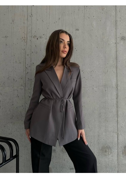 Kadın Antrasit Bel Bağlamalı Blazer Ceket