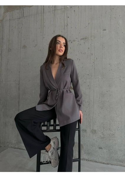 Kadın Antrasit Bel Bağlamalı Blazer Ceket fiyatları