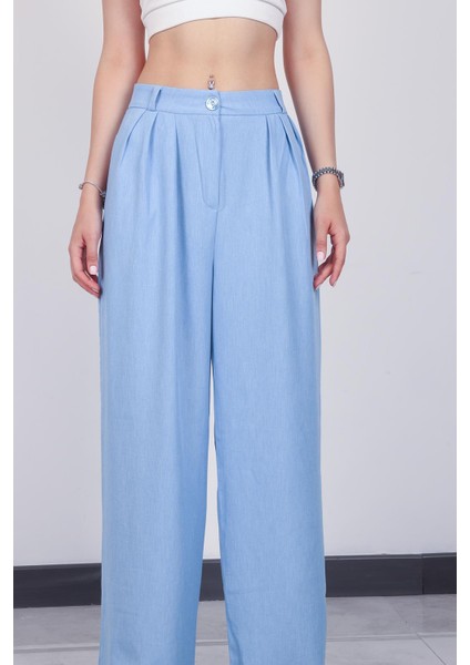 Kadın Bebe Mavi Keten Pile Detaylı Palazzo Pantolon