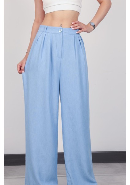 Kadın Bebe Mavi Keten Pile Detaylı Palazzo Pantolon fiyatları