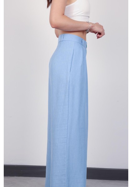 Kadın Bebe Mavi Keten Pile Detaylı Palazzo Pantolon modelleri