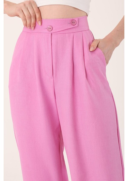 Kadın Pembe Keten Karışımlı Kore Model Palazzo Pantolon