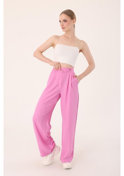 Kadın Pembe Keten Karışımlı Kore Model Palazzo Pantolon fırsatları