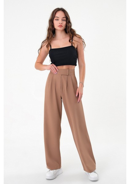 Kadın Vizon Yüksek Bel Cırtlı Palazzo Pantolon