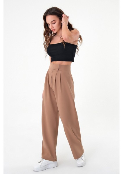 Kadın Vizon Yüksek Bel Cırtlı Palazzo Pantolon modelleri