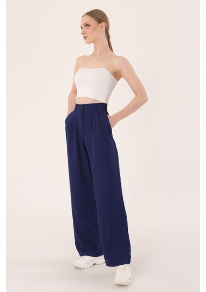 kadın Lacivert Yüksek Bel Keten Palazzo Pantolon