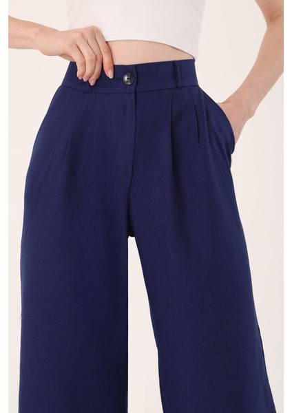 kadın Lacivert Yüksek Bel Keten Palazzo Pantolon fiyatları