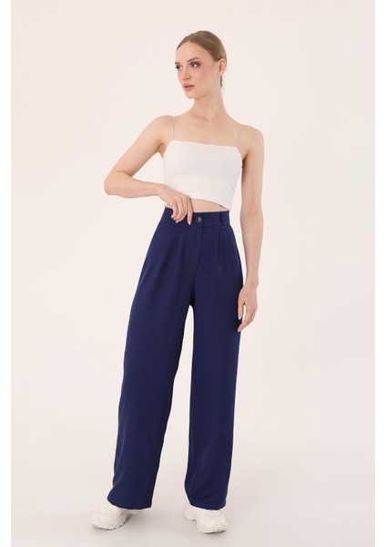 kadın Lacivert Yüksek Bel Keten Palazzo Pantolon fırsatları