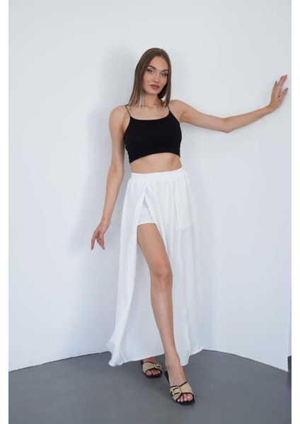 Beyaz Yırtmaçlı Uzun Şort Etek modelleri