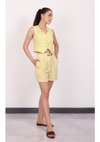 Kadın Sarı Düğmeli Keten Yelek fiyatları