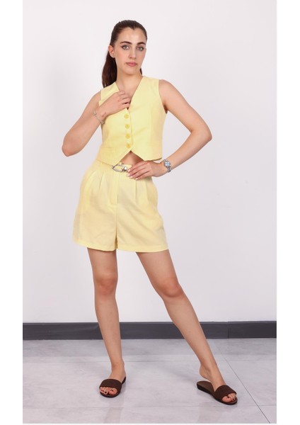 Kadın Sarı Düğmeli Keten Yelek modelleri