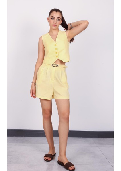 Kadın Sarı Düğmeli Keten Yelek fırsatları