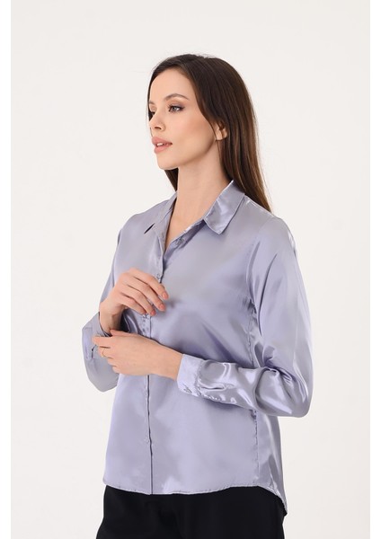 Kadın Hafif Dökümlü Gri Saten Gömlek fiyatları