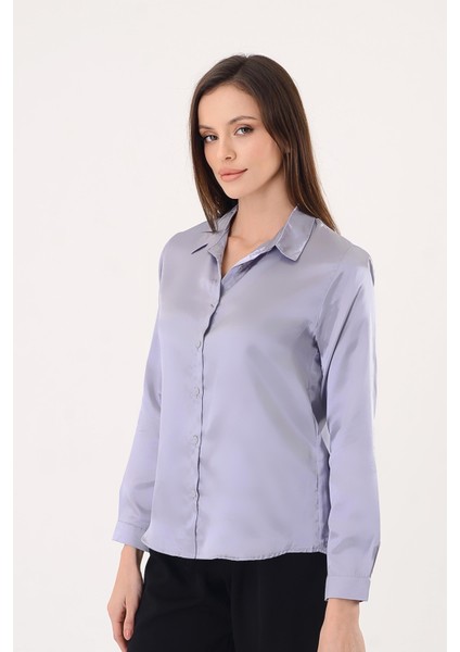 Kadın Hafif Dökümlü Gri Saten Gömlek modelleri