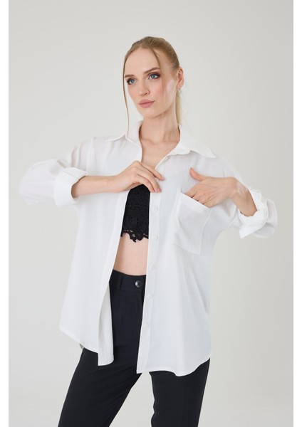 Tek Cepli Oversize Keten Gömlek- Beyaz