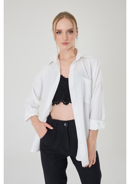 Tek Cepli Oversize Keten Gömlek- Beyaz modelleri