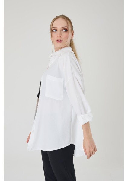 Tek Cepli Oversize Keten Gömlek- Beyaz fırsatları