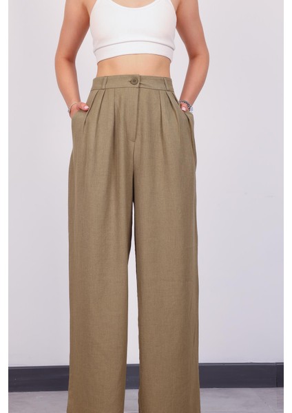 Kadın Haki Keten Pile Detaylı Palazzo Pantolon
