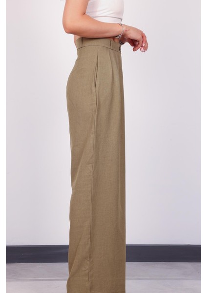 Kadın Haki Keten Pile Detaylı Palazzo Pantolon fiyatları
