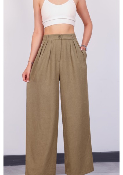 Kadın Haki Keten Pile Detaylı Palazzo Pantolon modelleri
