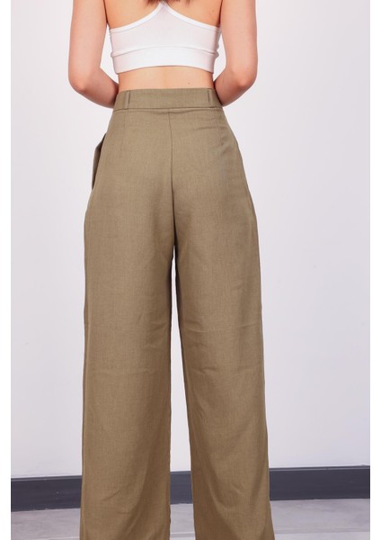 Kadın Haki Keten Pile Detaylı Palazzo Pantolon fırsatları