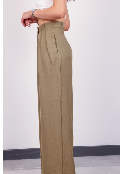 Kadın Haki Keten Pile Detaylı Palazzo Pantolon indirimleri